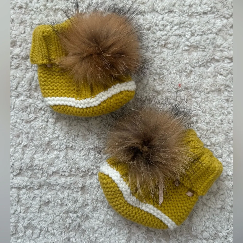 Cozy Mustard Knit Baby Booties with real Fur Pom
